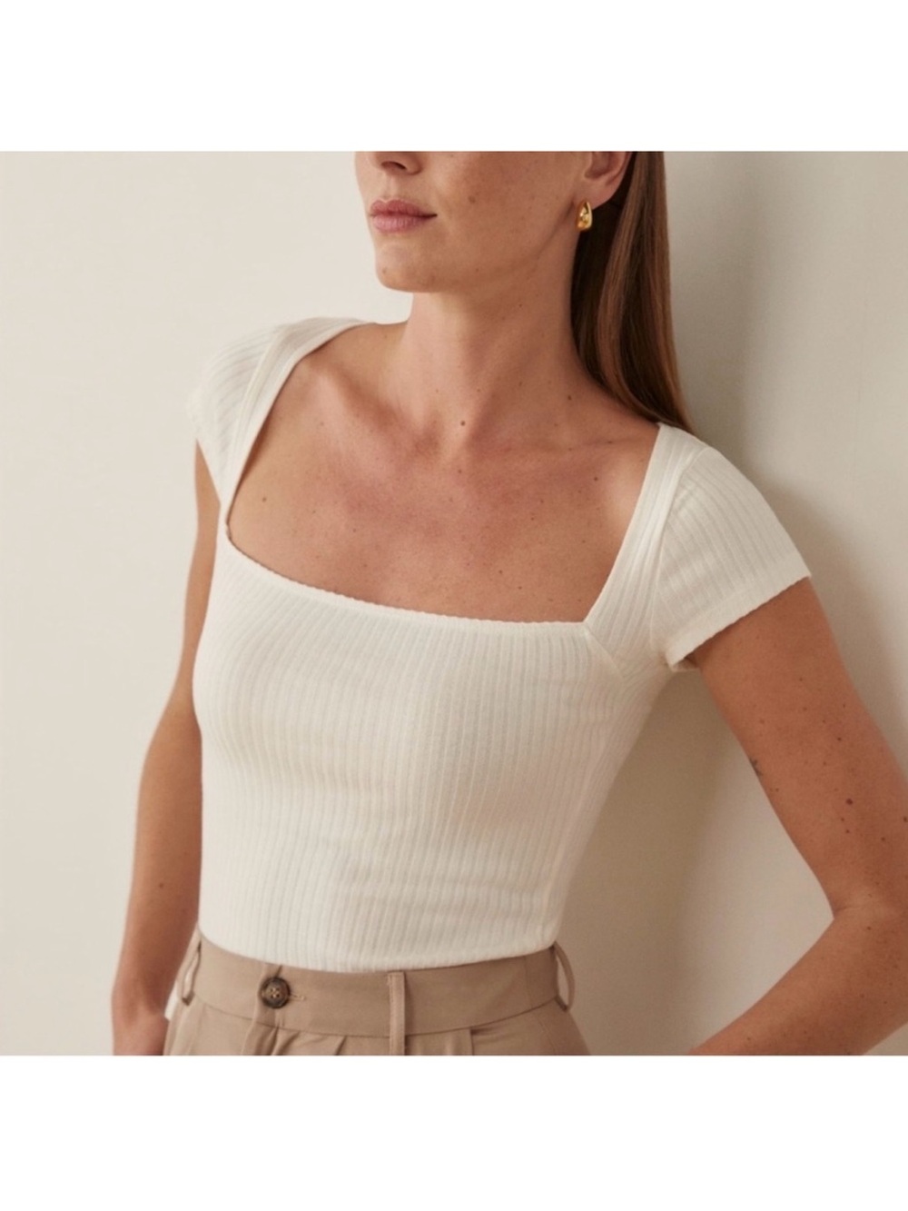 Reformation Square Neck Ribbed Short Sleeve Top